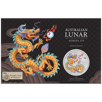 2024 ANA World's Fair of Money - Year of the Dragon 1oz Silver Golden Coloured Coin in Card