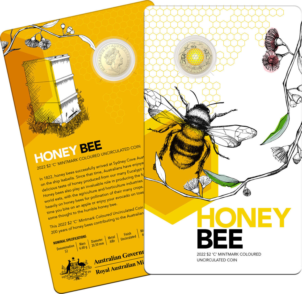 2022 $2 Honey Bee 'C' Mint Mark Coloured UNC