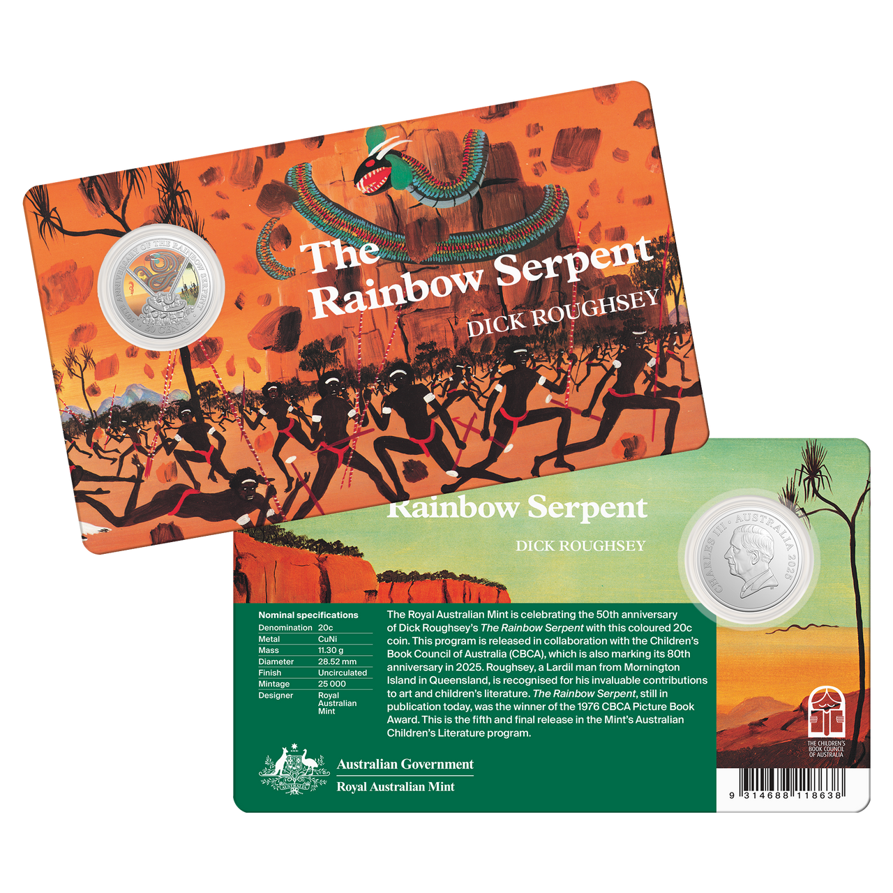 2025 The Rainbow Serpent 20 Cent Coloured Uncirculated Coin in Card