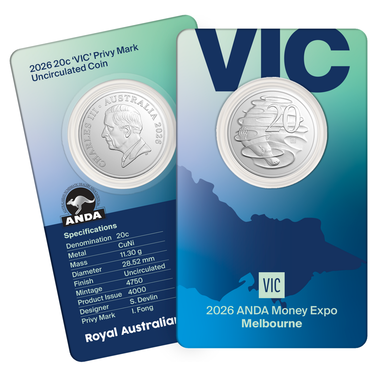 2026 ANDA Melbourne 20 Cent coin in card