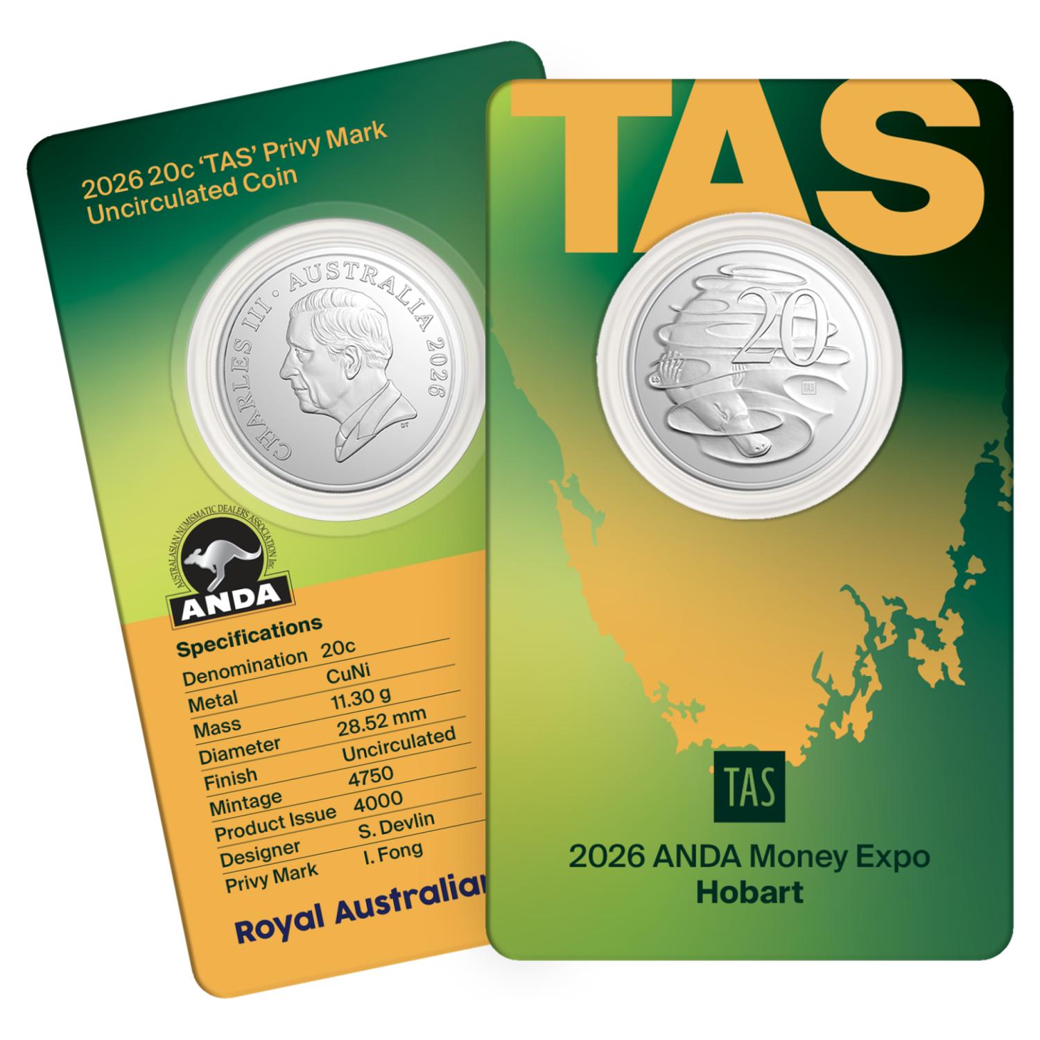 2026 20 cent ANDA Money Expo 'TAS' Privy mark Coin  card