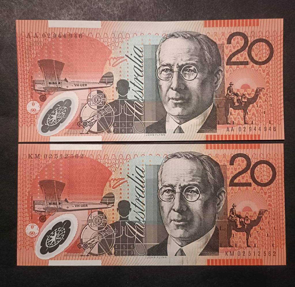 2002 $20 MacFarlane Henry Banknotes First and Last Prefix AA02 & KM02