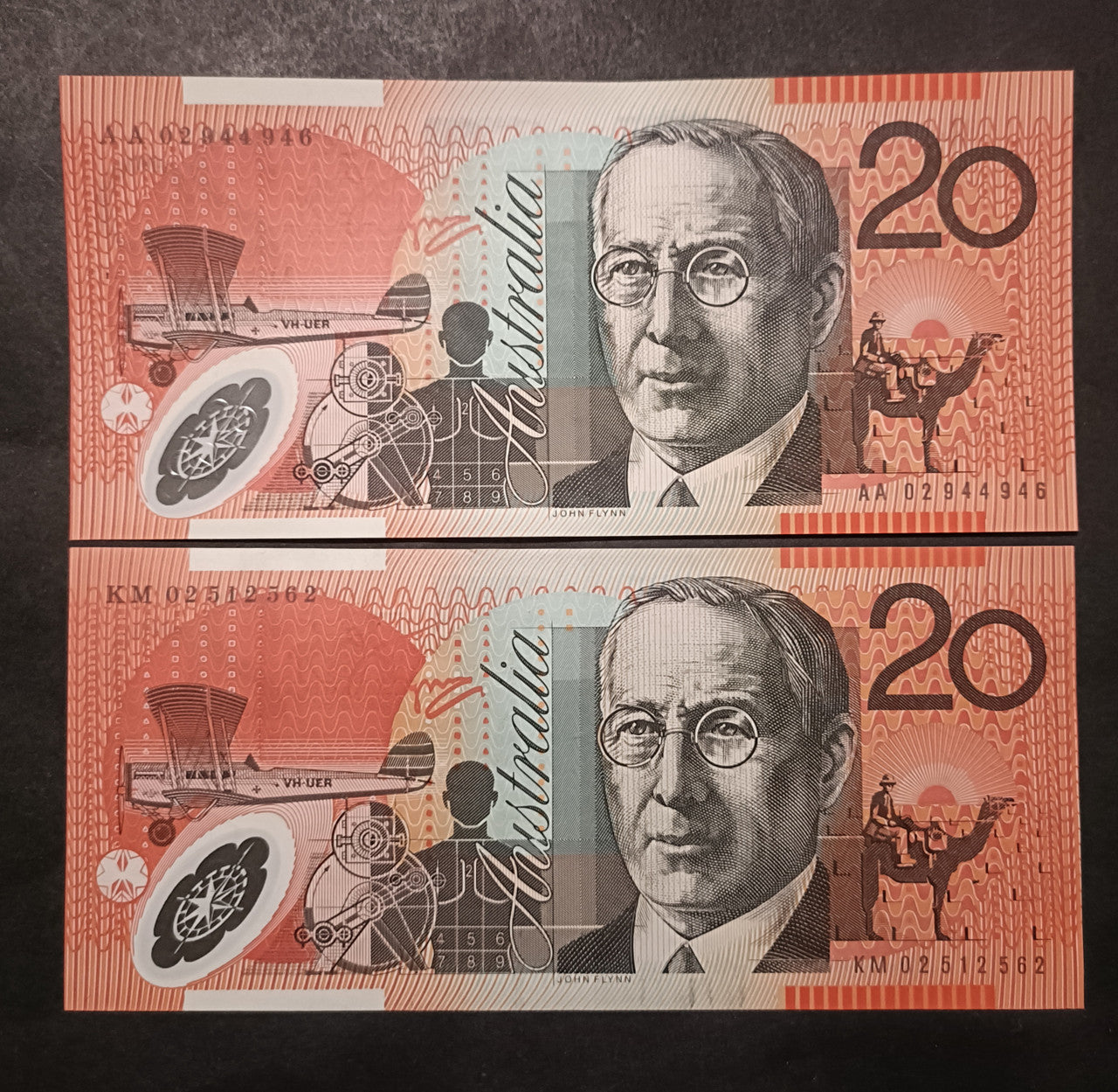 2002 $20 MacFarlane Henry Banknotes First and Last Prefix AA02 & KM02