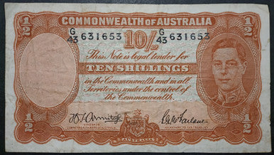 1942 Ten Shillings Banknote. Armitage - McFarlane R13. G43 631653