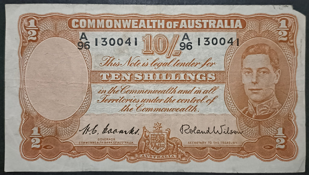 1952 Ten Shillings Banknote. Coombs - Wilson R15. A96 130041