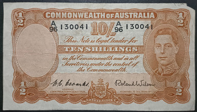 1952 Ten Shillings Banknote. Coombs - Wilson R15. A96 130041