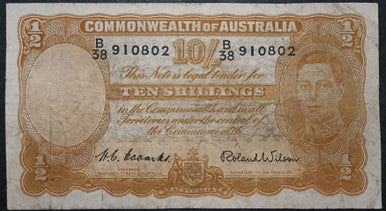 1952 Ten Shillings Banknote. Coombs - Wilson R15. B38 910802