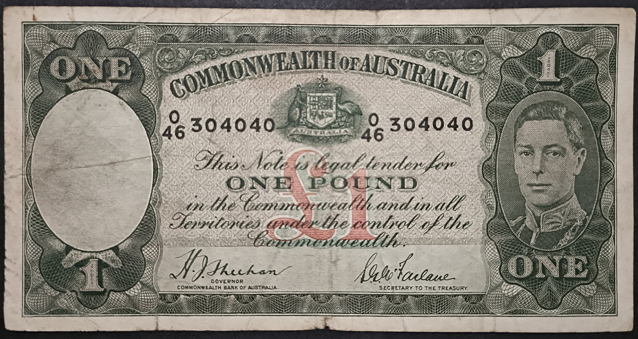 1938 One Pound Banknote. Sheehan - McFarlane R29. O46 304040