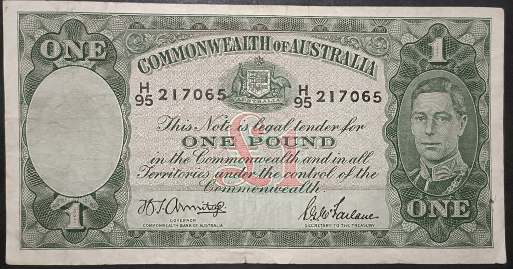 1942 One Pound Banknote. Armitage - McFarlane R30. H95 217065