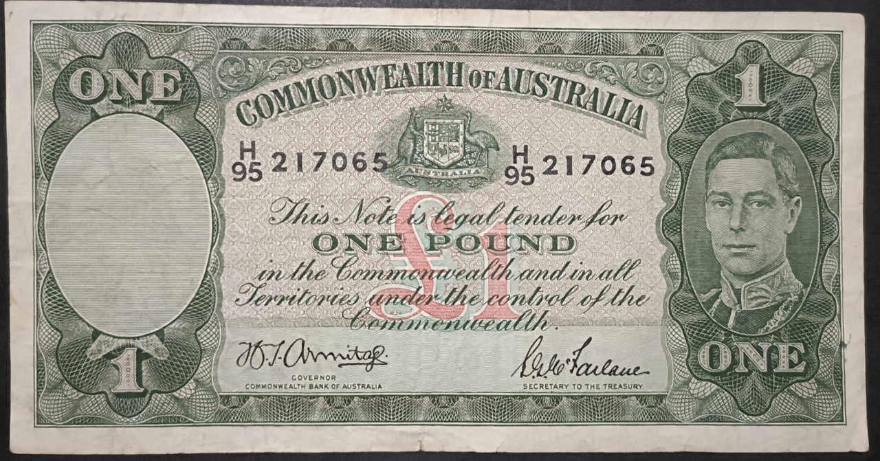 1942 One Pound Banknote. Armitage - McFarlane R30. H95 217065