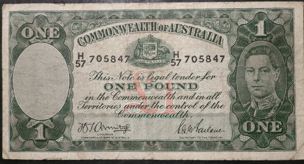 1942 One Pound Banknote. Armitage - McFarlane R30. H57 705847