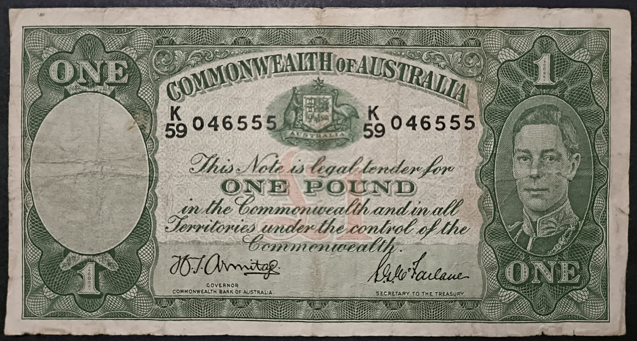 1942 One Pound Banknote. Armitage - McFarlane R30. K59 046555
