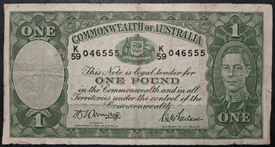 1942 One Pound Banknote. Armitage - McFarlane R30. K59 046555