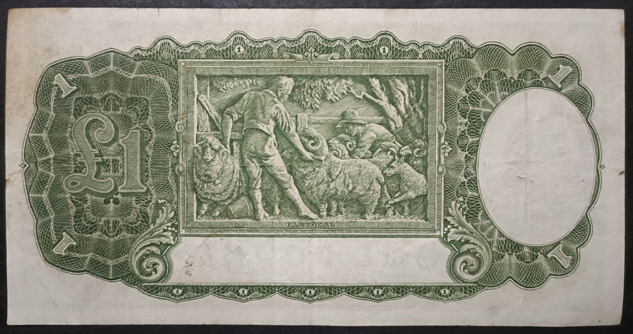 1942 One Pound Banknote. Armitage - McFarlane R30. K74 999830 High Number