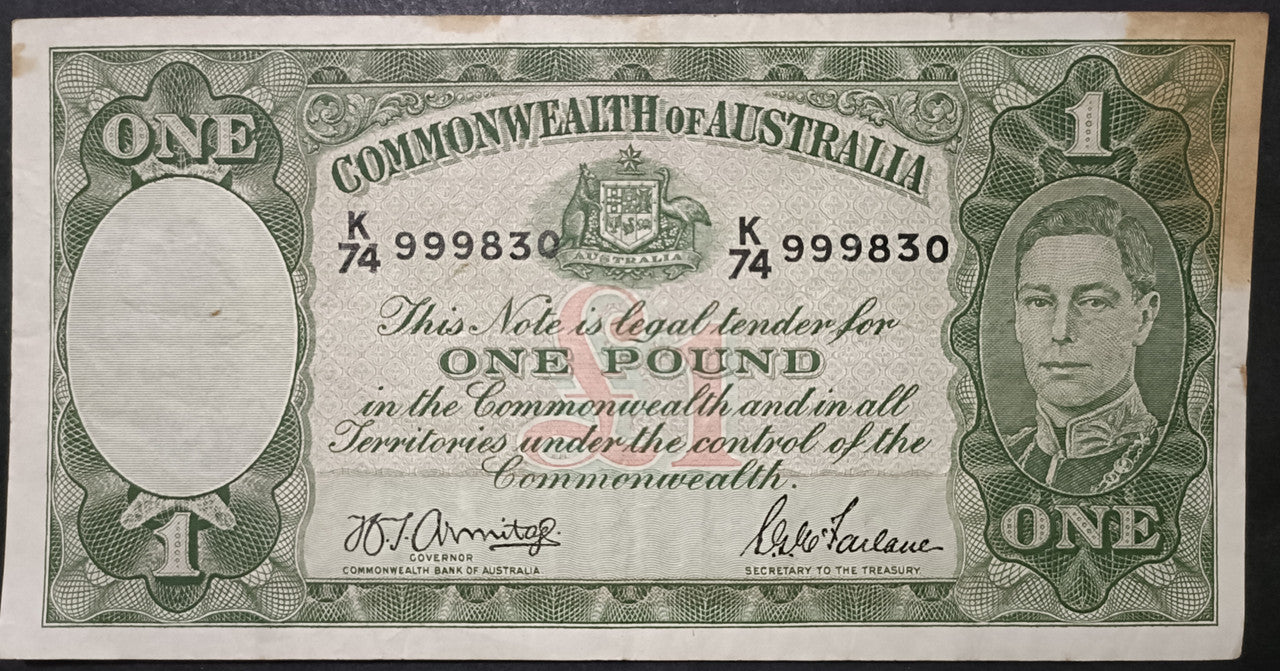 1942 One Pound Banknote. Armitage - McFarlane R30. K74 999830 High Number