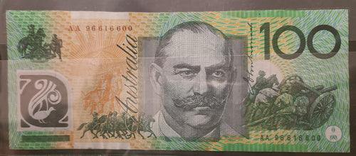 1996 Fraser/Evans $100 First Prefix Banknote AA96 616600, 5 Digit RADAR