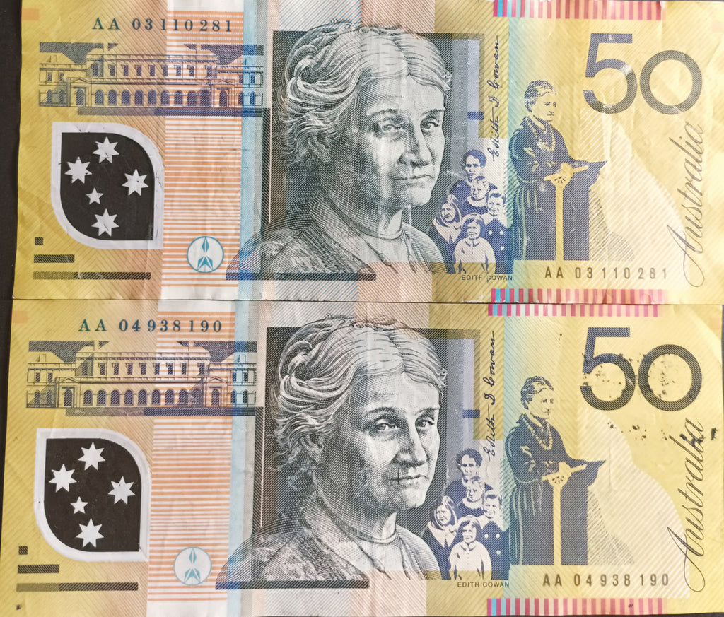 7 x $50 First Prefix Banknotes 2003, 2004, 2005, 2006, 2007, 2008, 2009