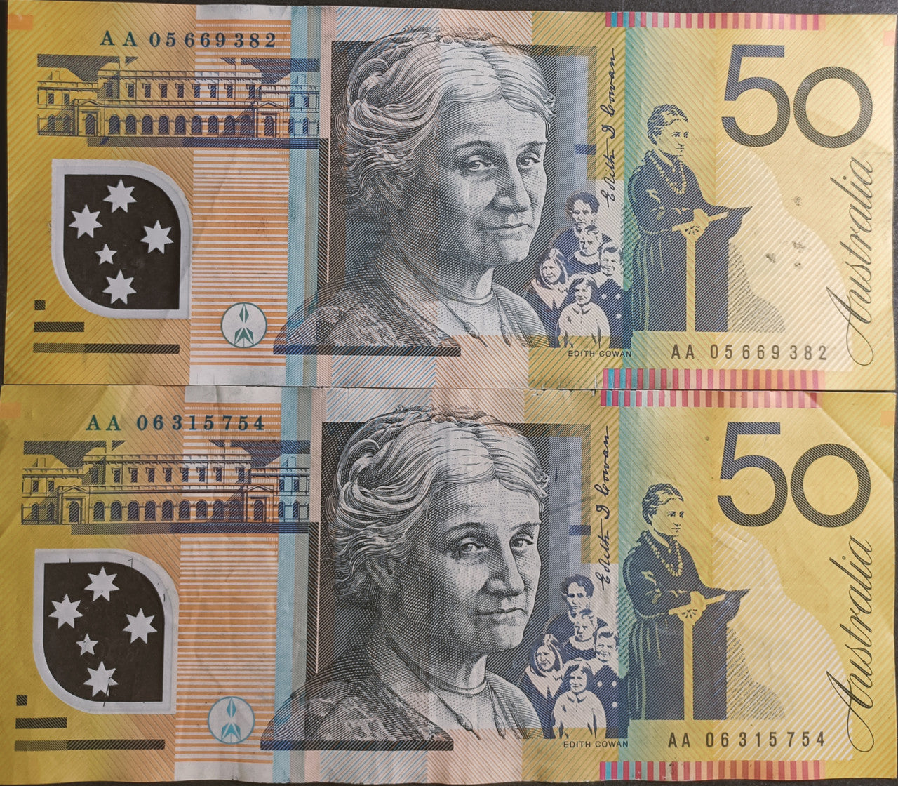 7 x $50 First Prefix Banknotes 2003, 2004, 2005, 2006, 2007, 2008, 2009