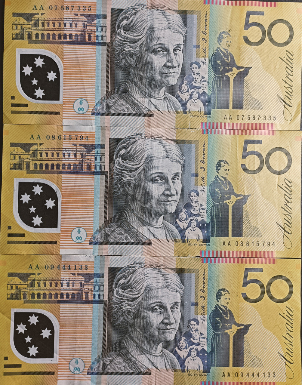 7 x $50 First Prefix Banknotes 2003, 2004, 2005, 2006, 2007, 2008, 2009