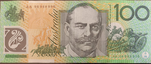 1996 Fraser/Evans $100 Banknote First Prefix AA96 968996