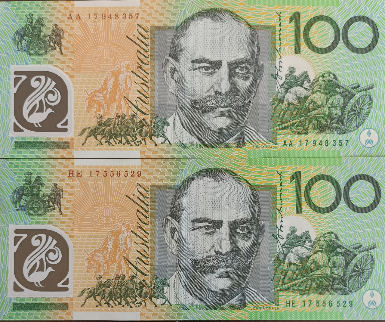 2017 Lowe/Fraser $100 Banknotes First & Last Prefixes. AA17 & HE17