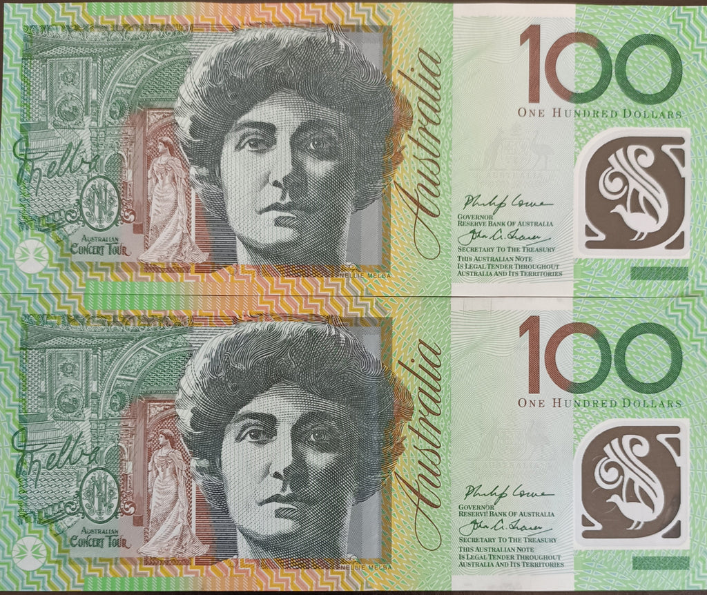 2017 Lowe/Fraser $100 Banknotes First & Last Prefixes. AA17 & HE17