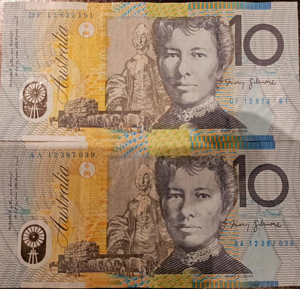 2012 $10 Stevens/Parkinson Banknote First and Last Prefix AA12 & DF12