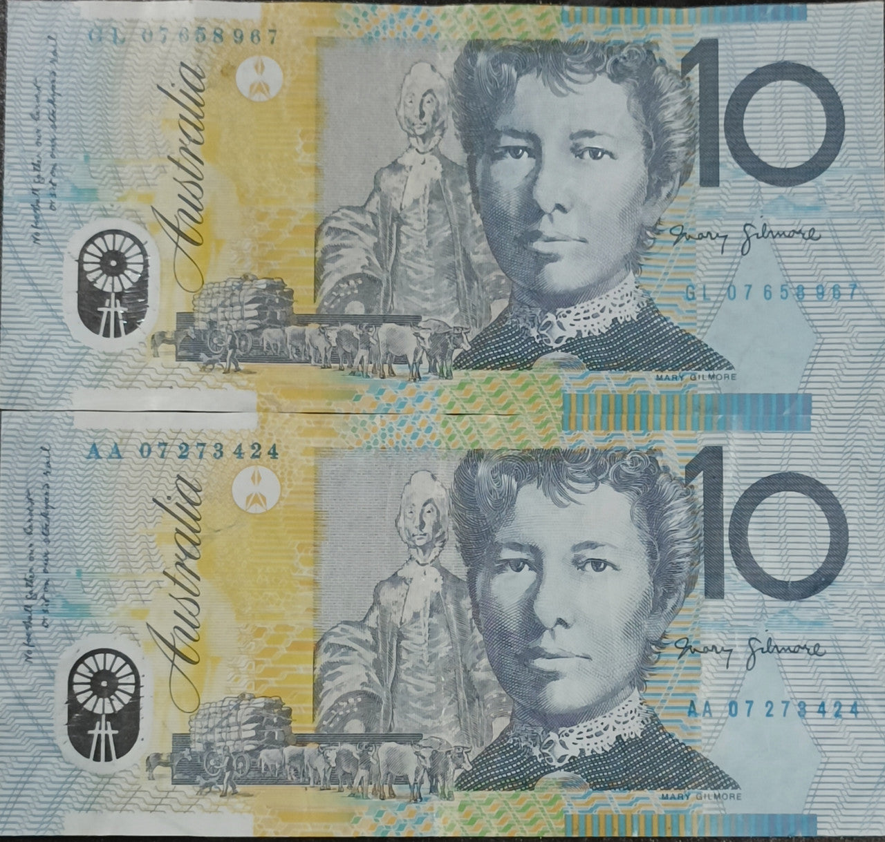 2007 $10 Banknotes Stevens/Henry First and Last Prefix AA07 & GL07