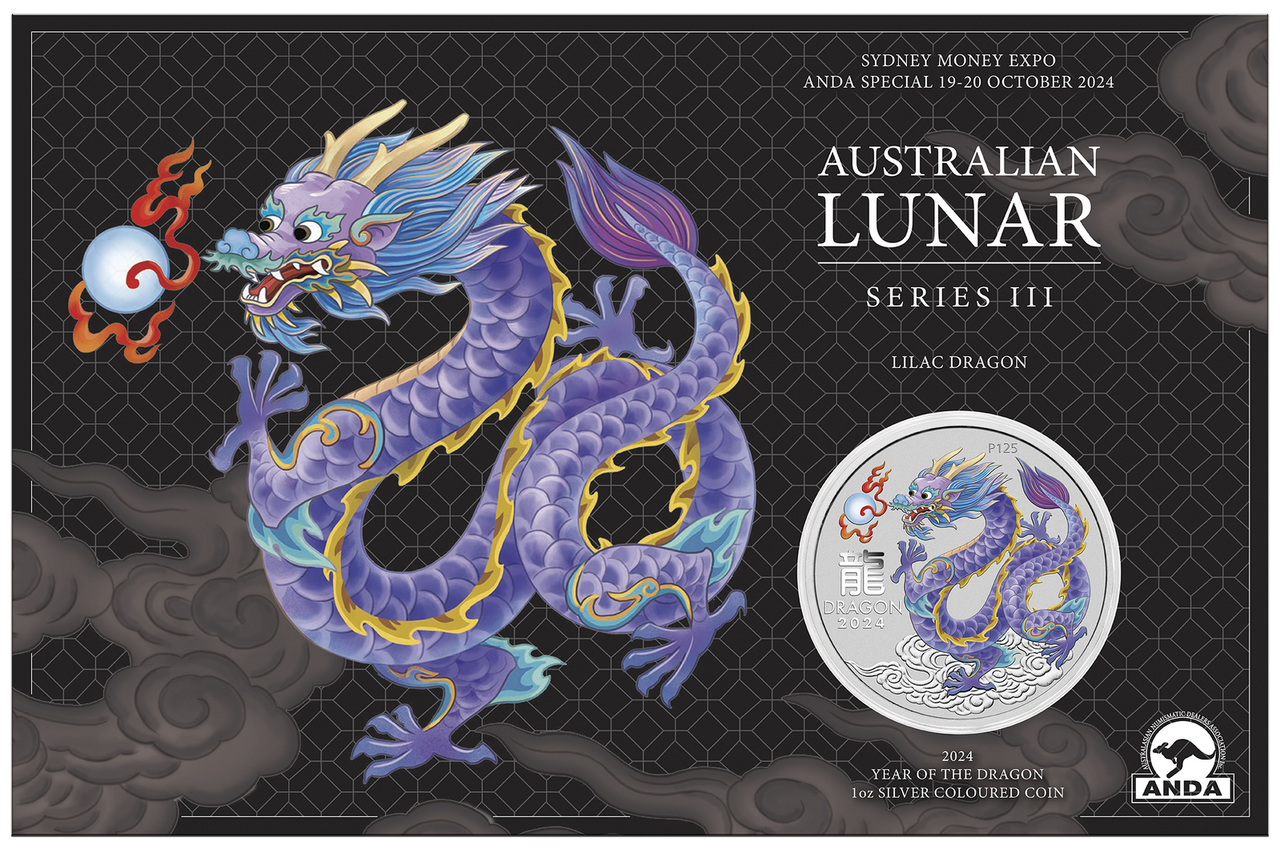 2024 ANDA Sydney Money Expo Australian Lunar Series III Year of the Dragon 1 Oz Silver Coloured Coin Card