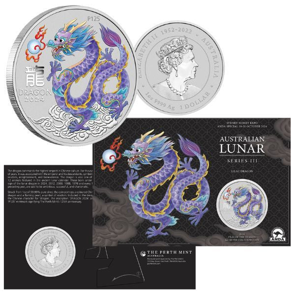 2024 ANDA Sydney Money Expo Australian Lunar Series III Year of the Dragon 1 Oz Silver Coloured Coin Card