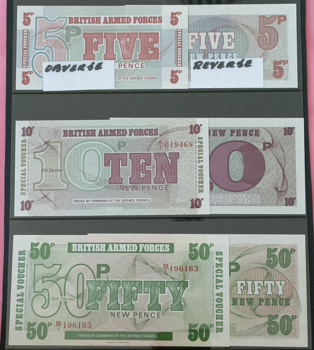 British Armed Forces Military Currency - 5, 10 & 50 New Pence Banknotes - 6th Series - Uncirculated