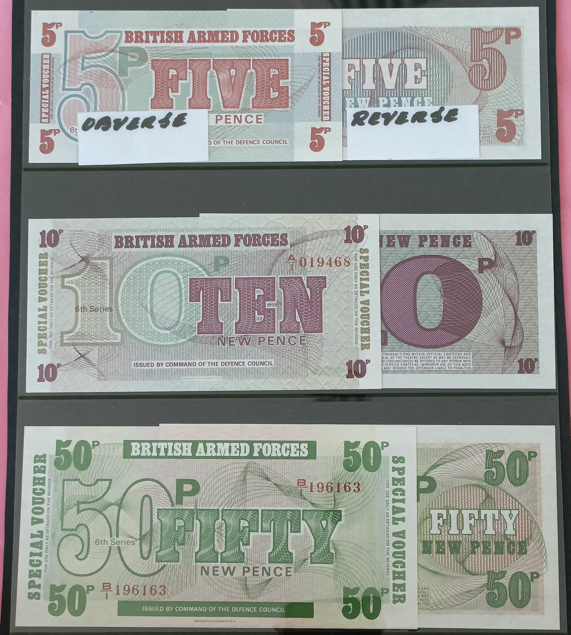 British Armed Forces Military Currency - 5, 10 & 50 New Pence Banknotes - 6th Series - Uncirculated