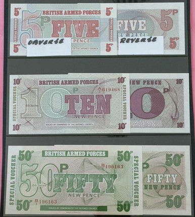 British Armed Forces Military Currency - 5, 10 & 50 New Pence Banknotes - 6th Series - Uncirculated