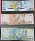 ROMANIA 1000, 5000 & 10000 LEI BANKNOTES SET UNCIRCULATED