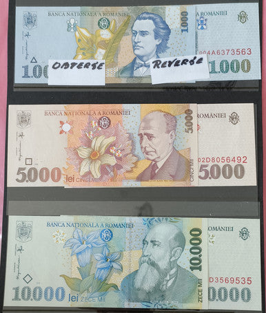 ROMANIA 1000, 5000 & 10000 LEI BANKNOTES SET UNCIRCULATED