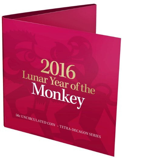 2016 50C LUNAR YEAR OF THE MONKEY
UNCIRCULATED FIFTY CENTS ON CARD