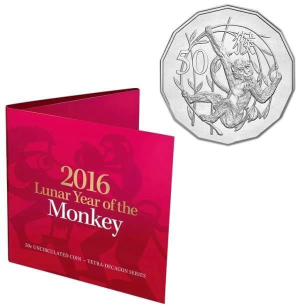 2016 50C LUNAR YEAR OF THE MONKEY
UNCIRCULATED FIFTY CENTS ON CARD