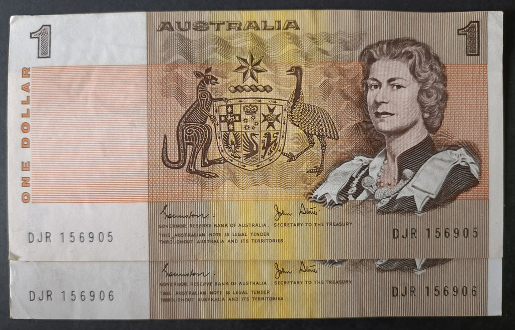 1982 Johnston Stone $1  Consecutive Banknotes x 2 DJR 156905,906