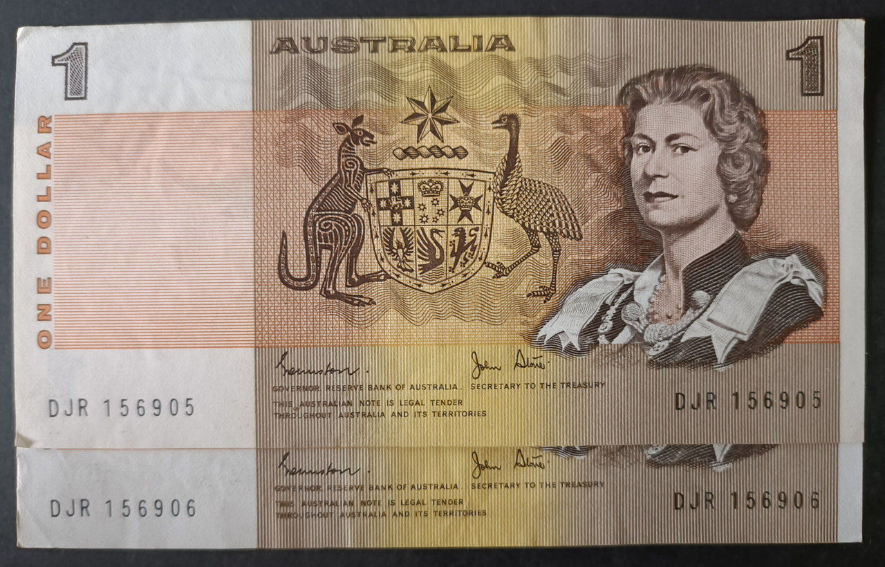 1982 Johnston Stone $1  Consecutive Banknotes x 2 DJR 156905,906