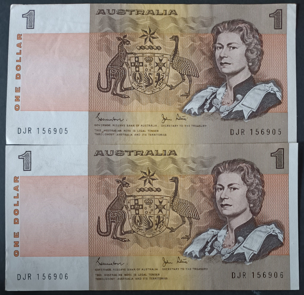 1982 Johnston Stone $1  Consecutive Banknotes x 2 DJR 156905,906