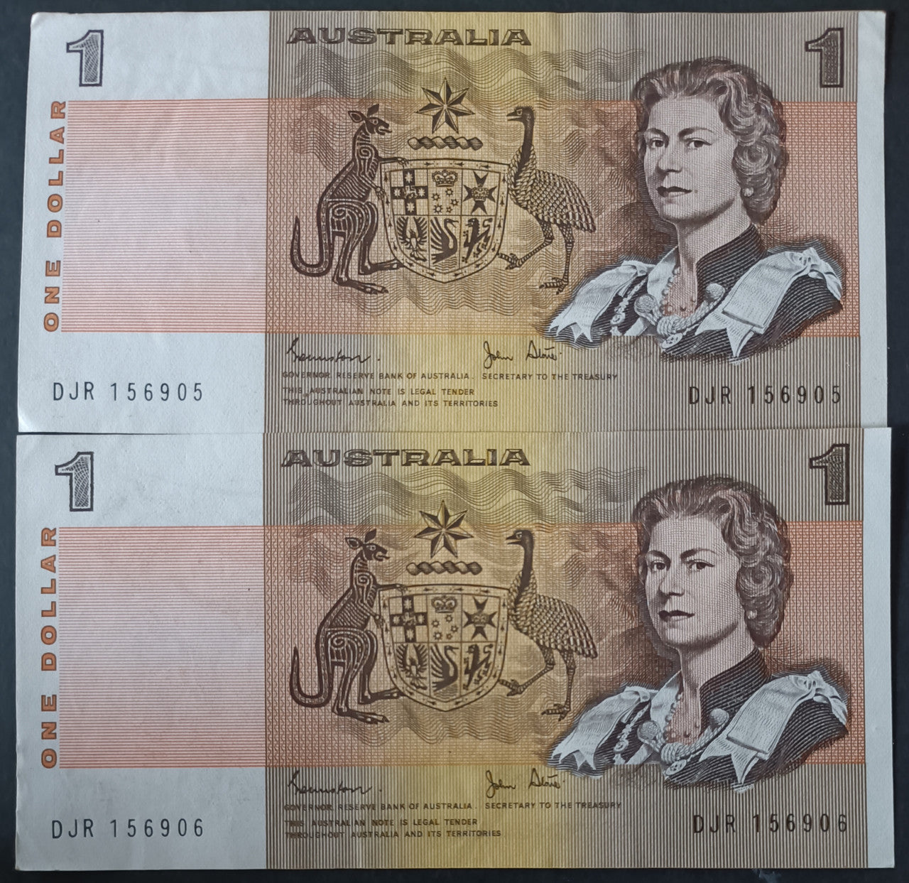 1982 Johnston Stone $1  Consecutive Banknotes x 2 DJR 156905,906