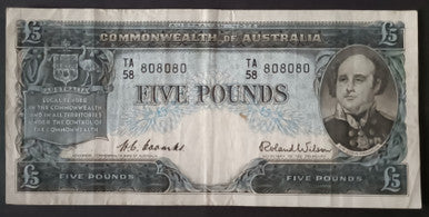 1954 Five Pounds Australian Banknote Coombs Wilson Renniks R49 TA58 808080 REPEATER