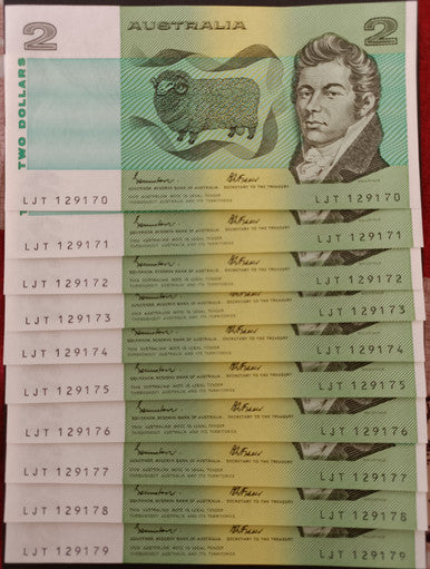 1985 x 10 Consecutive $2 Johnston Fraser Banknotes