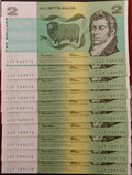 1985 x 10 Consecutive $2 Johnston Fraser Banknotes