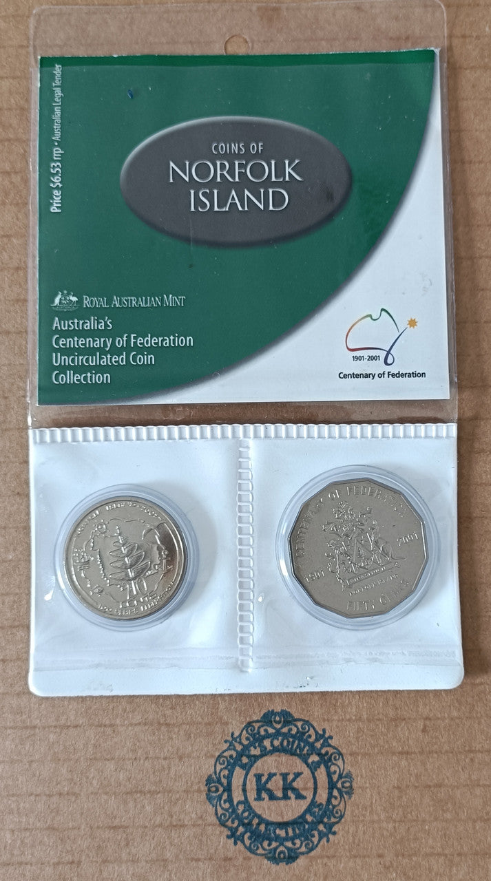 2001 UNCIRCULATED 20 & 50 cent Centenary of Federation 2 Coin Set - Norfolk Island