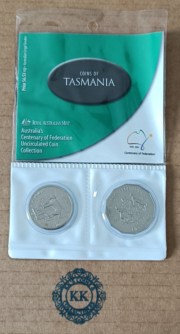 2001 UNCIRCULATED 20 & 50 cent Centenary of Federation 2 Coin Set - Tasmania