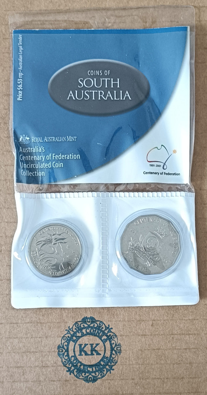 2001 UNCIRCULATED 20 & 50 cent Centenary of Federation 2 Coin Set - South Australia