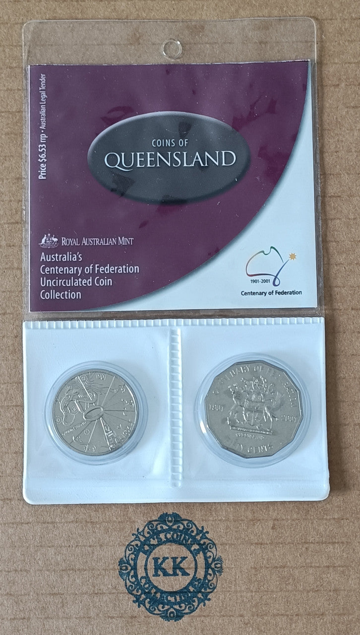 2001 UNCIRCULATED 20 & 50 cent Centenary of Federation 2 Coin Set - Queensland