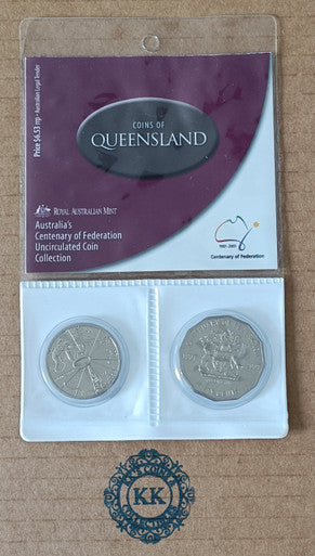 2001 UNCIRCULATED 20 & 50 cent Centenary of Federation 2 Coin Set - Queensland
