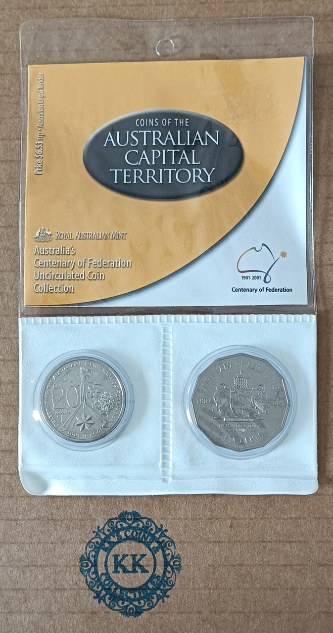 2001 UNCIRCULATED 20 & 50 cent Centenary of Federation 2 Coin Set - Australian Capital Territory